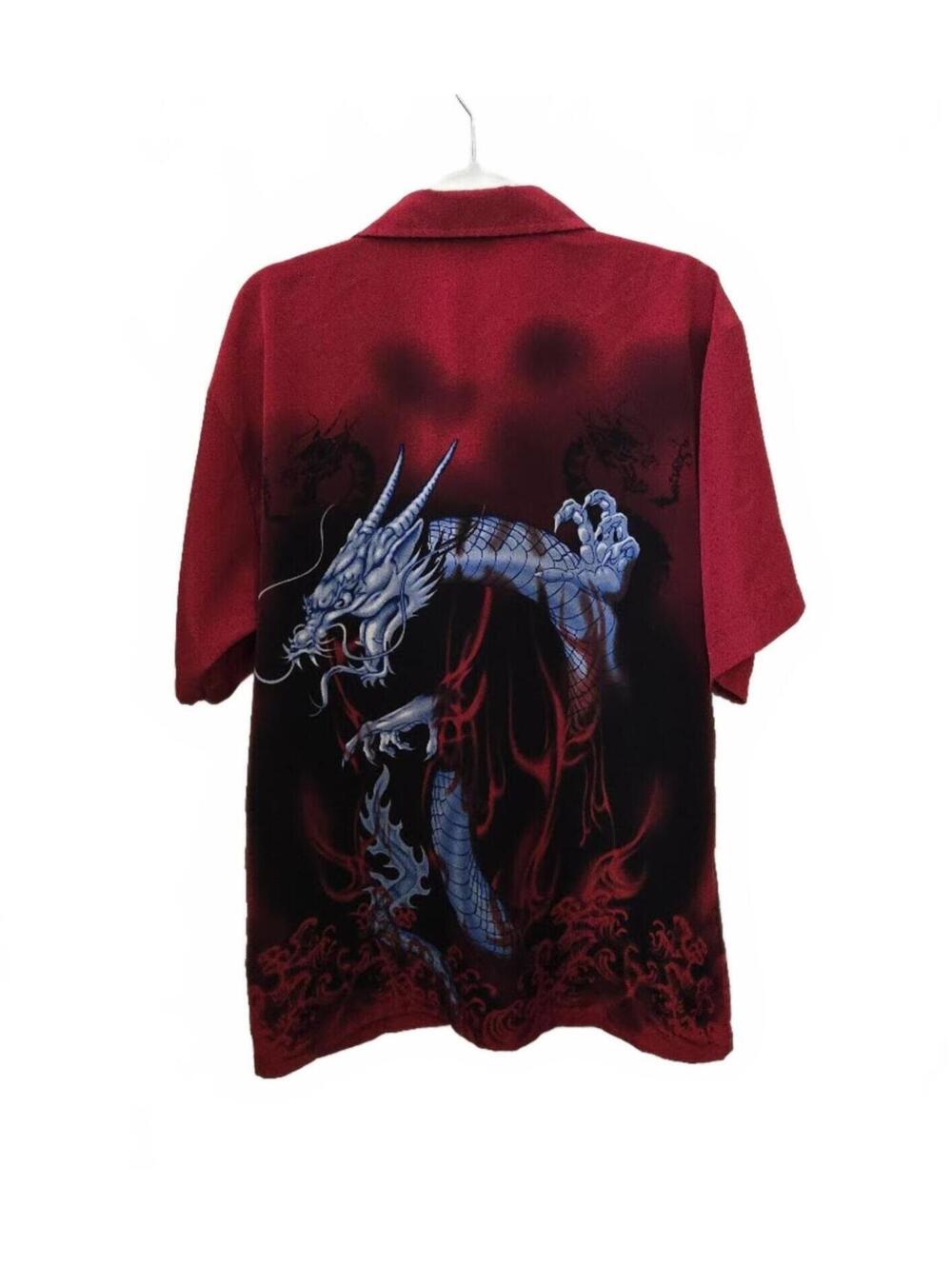 Odo Red Short Sleeve Button-Up Shirt with Blue Dragon Print Size M - Picture 2 of 4